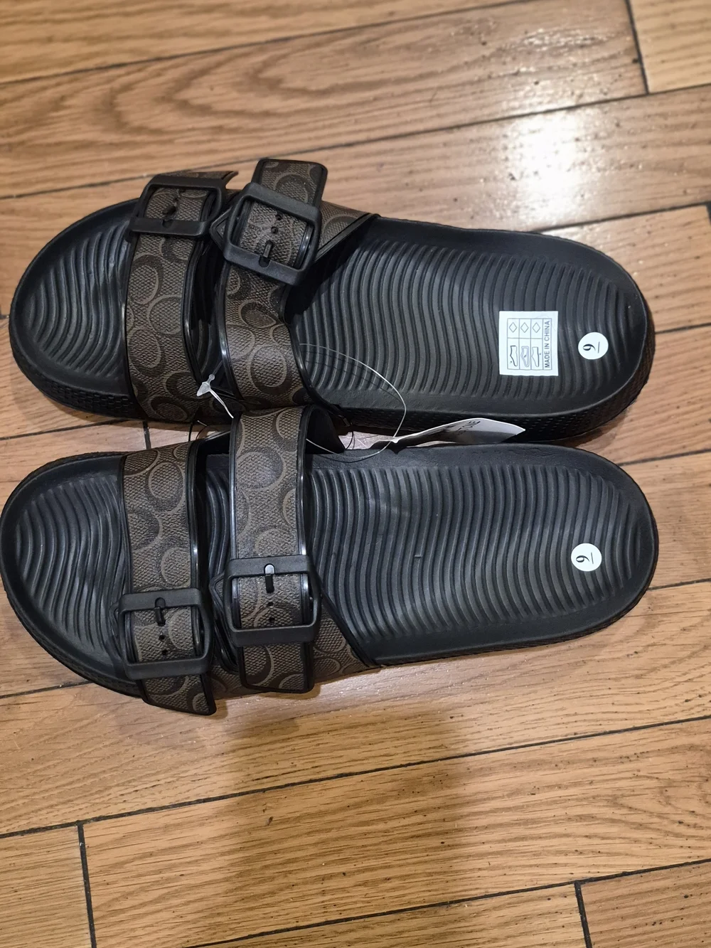 Mens Brown Patterned Double-Buckle Slides
